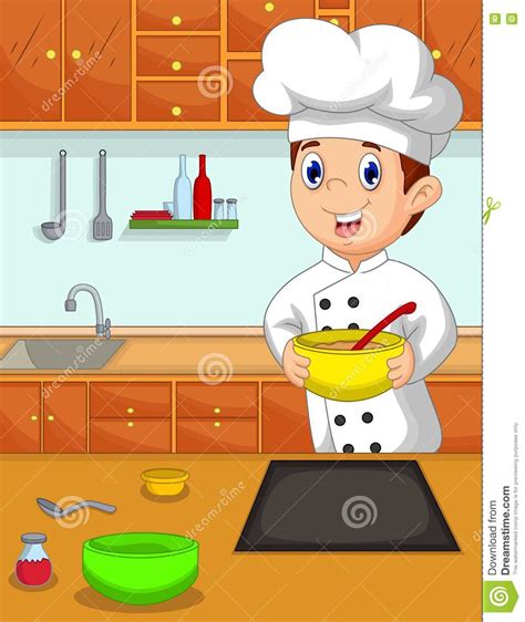 Funny Chef Cartoon Bring Bowl In The Kitchen Stock