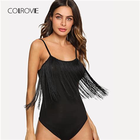 Colrovie Black Fringe Embellished Skinny Bodysuit Tassel Summer Sexy Bodysuit Women 2018 New