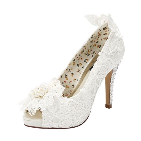Erijunor Women High Heel Pearl Flower Lace Wedding Shoes For Brides