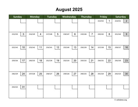 August 2025 Calendar With Day Numbers