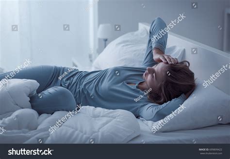 Depressed Woman Awake Night She Exhausted Stock Photo 699899422
