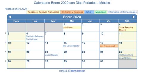 Calendario Enero 2020 Para Imprimir México
