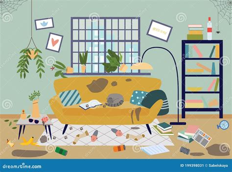 Dirty Untidy Living Room In House A Vector Flat Illustration Stock