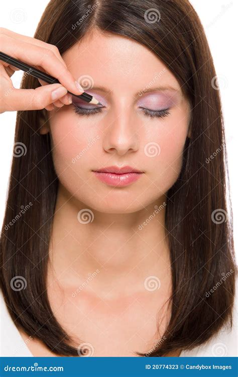 Professional Makeup Model Artist Make Eye Lines Stock Image Image Of