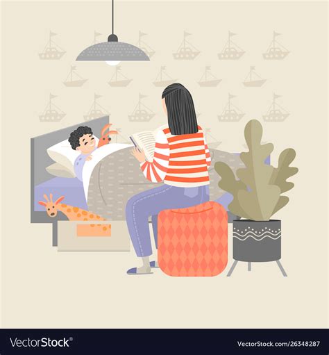 Mom Reads A Book To A Little Boy Lying In Bed Vector Image