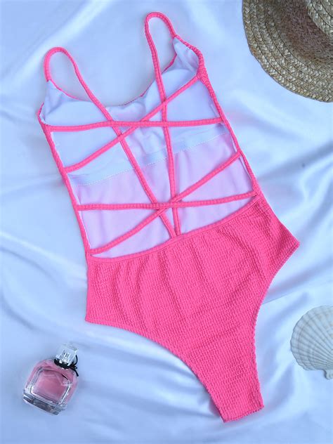 2c Seersucker Crinkle Swimsuit Strappy Bathing Suit Extremely Sexy Open Back Bikini Ribbed