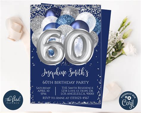 60th Birthday Invitation Template Navy Blue And Silver Etsy Finland
