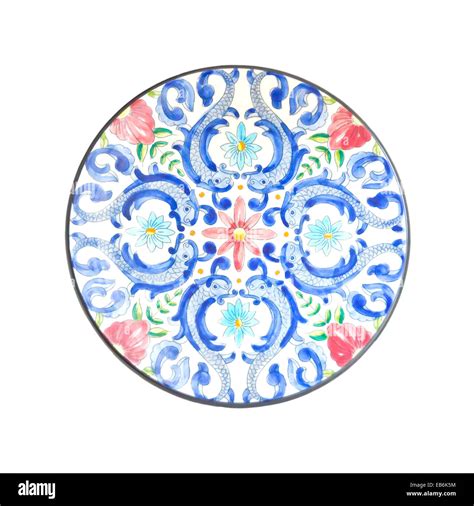 Ceramic Round Plate Design In Blue Red And Green Isolated On White