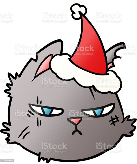 Hand Drawn Gradient Cartoon Of A Tough Cat Face Wearing Santa Hat Stock