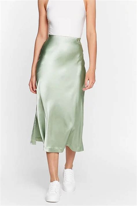 High Waisted Satin Side Split Midi Skirt In Silk Skirt Outfit