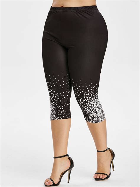 OFF Floral Dots High Waisted Plus Size Capri Leggings In BLACK DressLily