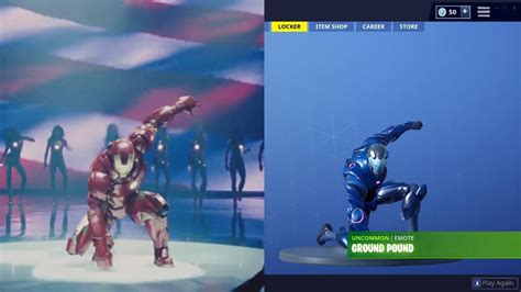 Fortnite comes with different emotes (dances) that will allow users to express themselves uniquely on the battlefield. IRON MAN: GROUND POUND EMOTE - YouTube