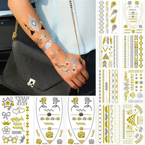 2017 10pc sheet temporary metallic tattoo gold silver flash tattoos inspired tattoo gold