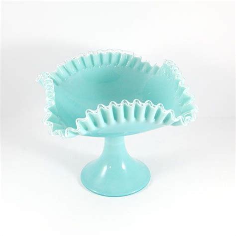 Rare Fenton Silver Turquoise Footed Square Bowl 1950s Blue Milk Glass