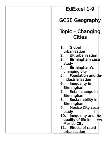 Edexcel A Gcse Geography 1 9 Changing Cities Revision Bookmarks
