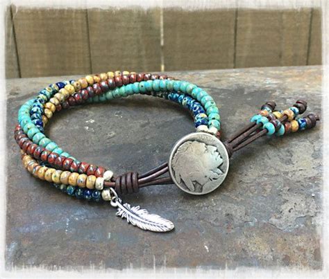 Native American Style Seed Bead Leather Wrap Bracelets For Men Etsy