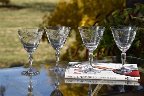 4 Vintage Etched Crystal Wine Glasses Tiffin Franciscan Circa 1950s