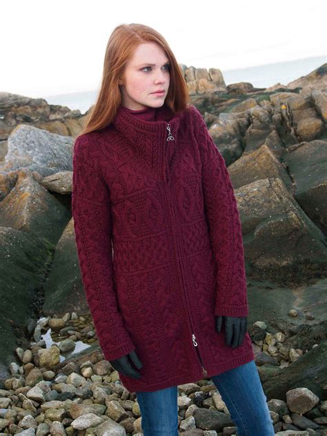 Women Knit Coat Irish Merino Wool Double Collar Aran Full Zip Design Ebay