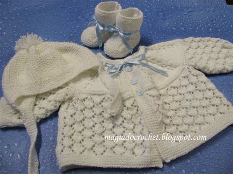 magia do crochet casaco boina e botinhas em tricot para bebé