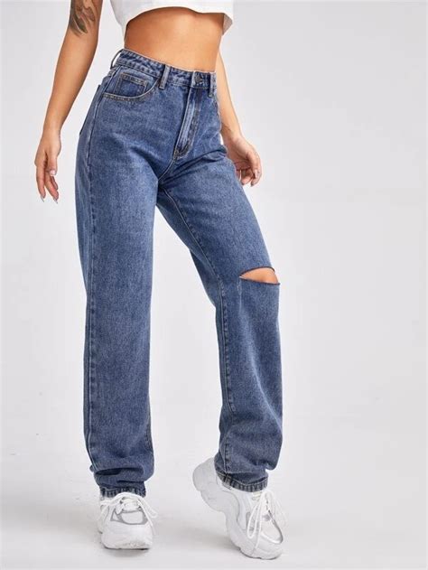 High Waist Slant Pocket Ripped Straight Jeans Shein