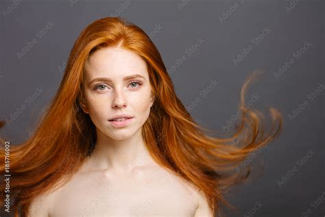 Portrait Of Happy Naked Redhead Woman With Cute Smile Ginger Hair And Perfect Healthy Freckled