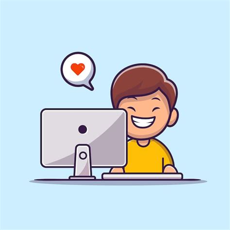 Premium Vector Happy Boy Working On Computer Cartoon Icon