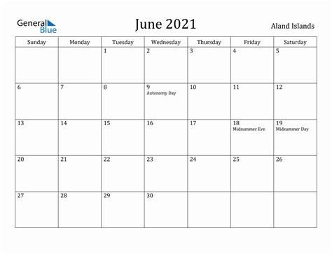 June 2021 Monthly Calendar With Aland Islands Holidays