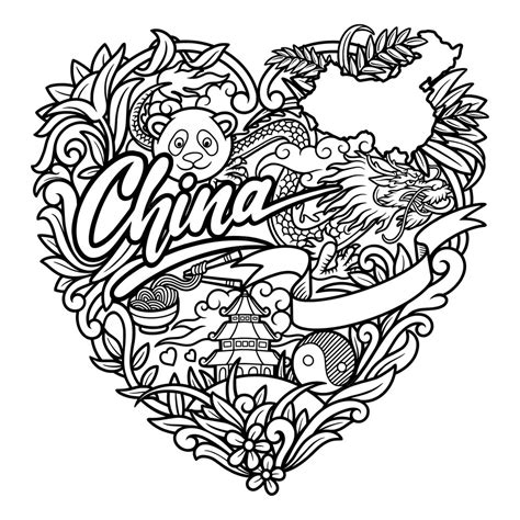 Premium Vector China Doodle Drawing Black And White For Coloring Book
