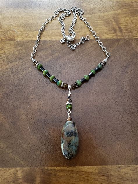 Opal Necklace Green Opal Necklace Turquoise Necklace Oval Stone Pendant Black Onyx Bronzite