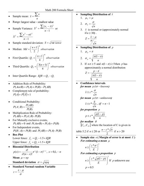 Statistics Formula Sheet