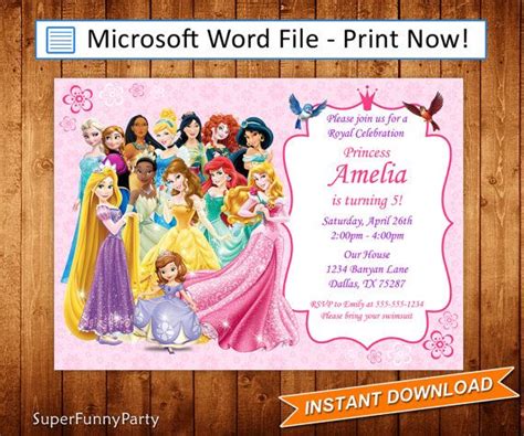 Disney Princess Invitation Disney Princess Birthday Invite Editable