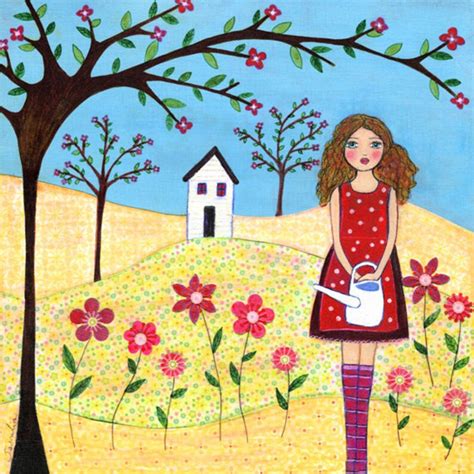 Folk Art Girl Painting Art Print Flower Garden Etsy