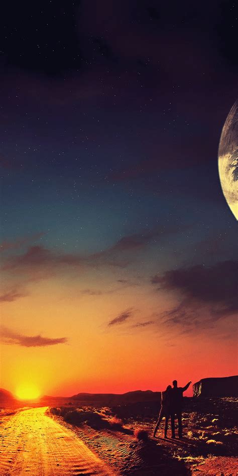 Download Couple Sunset Planet Starry Sky Rocks Romantic Landscape