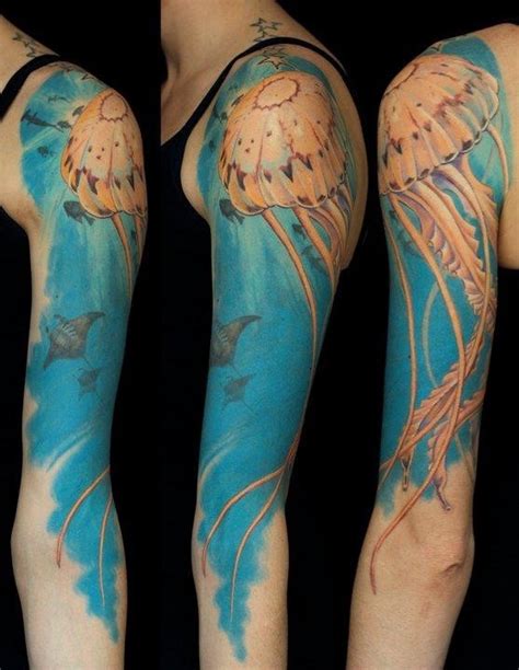 Nice Jellyfish In Ocean Tattoo On Full Sleeve Tattooimages Biz