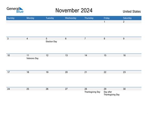 United States November 2024 Calendar With Holidays