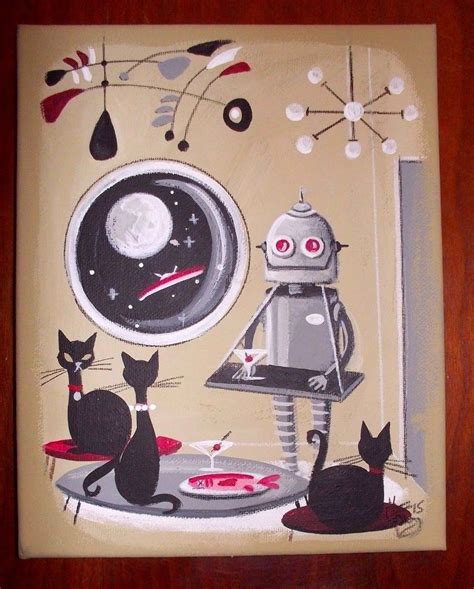 El Gato Gomez Painting Retro 1950s Vintage Outer Space Ship Robot Black Cats Retro Art Retro