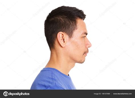Close Profile Portrait Older Asian Man Face White Background Stock
