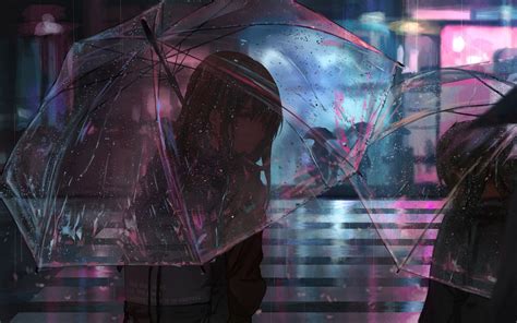 Download Wallpaper 1680x1050 Girl Umbrella Anime Rain Street Night
