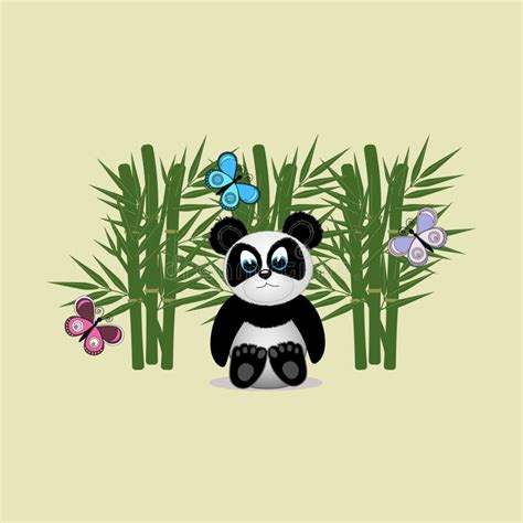 Panda And Butterflies On The Background Of A Bamboo Forest Vector