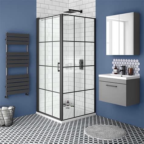 Arezzo 900 X 900 Matt Black Grid Frameless Pivot Door Shower Enclosure