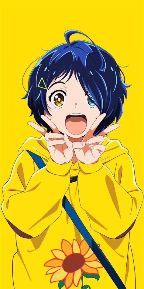 An Anime Character With Blue Hair Wearing A Yellow Jacket And Holding Her Hand Up To Her Mouth