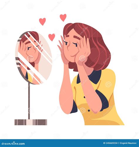 Self Love With Woman Character Admiring Herself Looking In Mirror