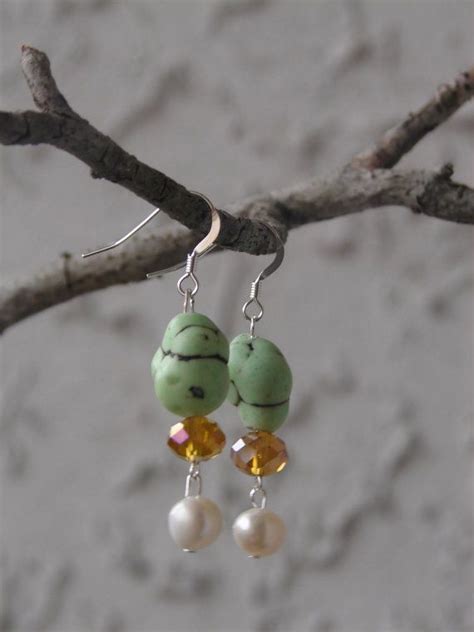 Sterling Silver Green Apple Turquoise Pearl Earrings Etsy Turquoise