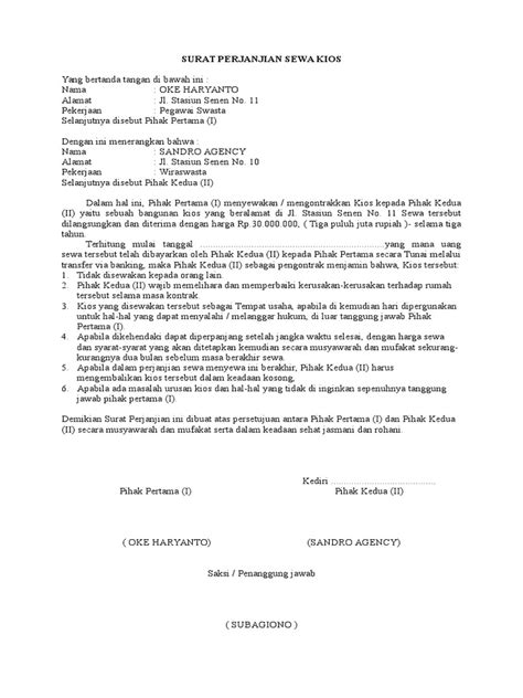 Surat perjanjian ini terdapat beberapa isi yang mana ada hak, kewajiban dari kedua belah pihak yang melakukan kerja sama. SURAT PERJANJIAN SEWA