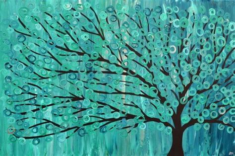 Turquoise Abstract Whimsical Tree Painting By Louise Mead From