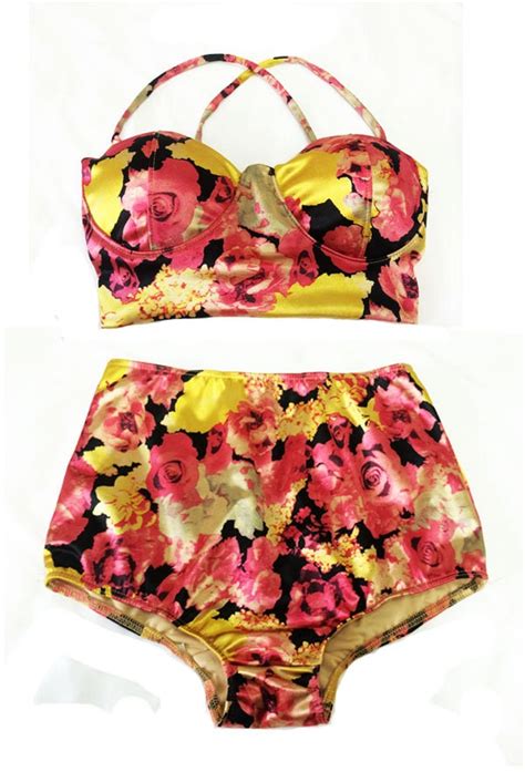 ruby gold flora top and high waisted waist high waist shorts bottom swimsuit bathing suit suits