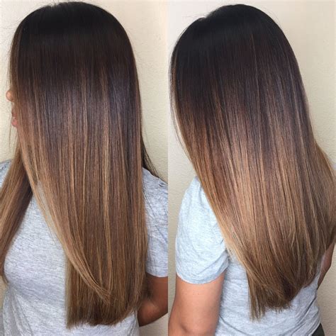 Short dark brown hair with a dramatic flow to bright, light blonde. Chocolate Caramel Balayage brunette, long layered hair ...