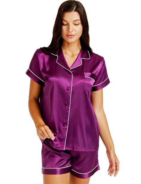 Lonxu Womens Satin Pajamas Short Sleeve With Pajama Shorts Set Silk Soft Lounge Sets Button