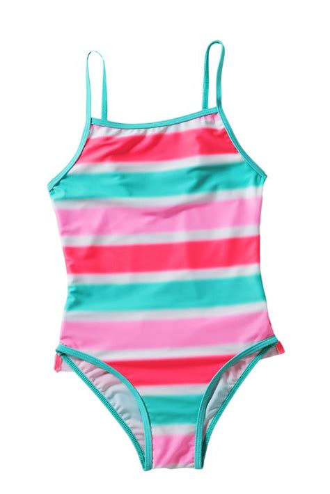 Multicolor Neon Trim Girls Teddy Ruffle Striped Swimsuit Girls One