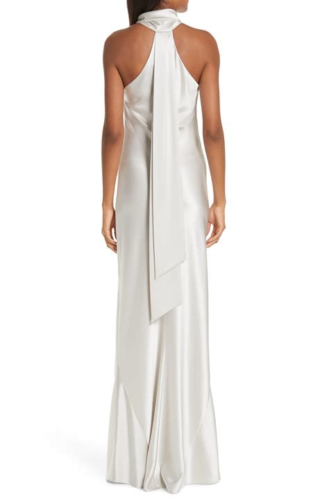 galvan london twist halter neck satin dress in platinum white lyst